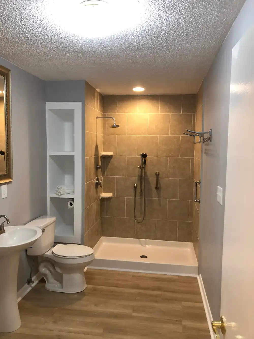 Bathroom wal cutouts and walk in shower